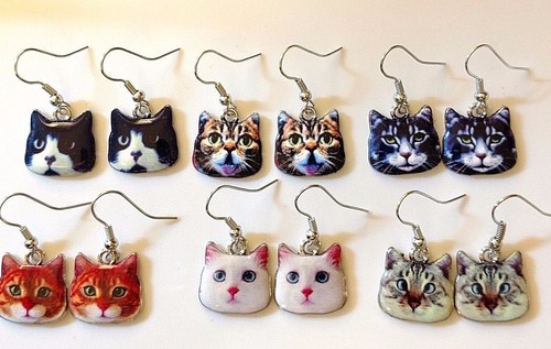 Cat face earrings enamel alloy - face,